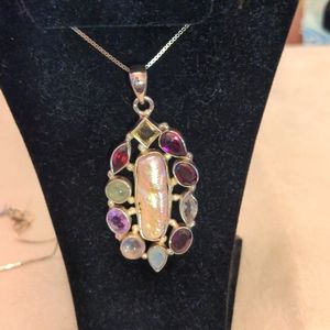 Genuine Pearl & multi gemstone necklace, New. Sterling Silver, Box chain, Biwa